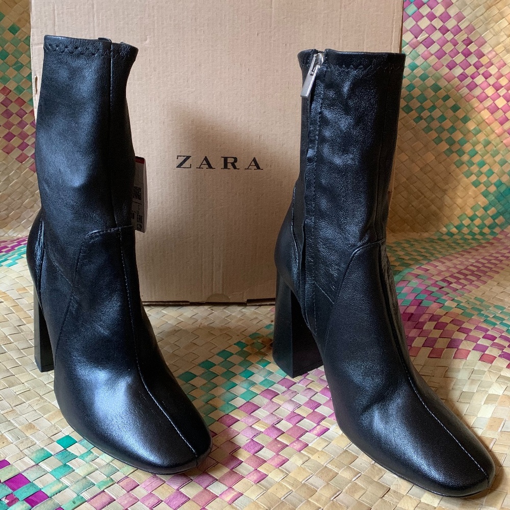 Zara Black Leather High Heel Ankle Boot sz Women 6